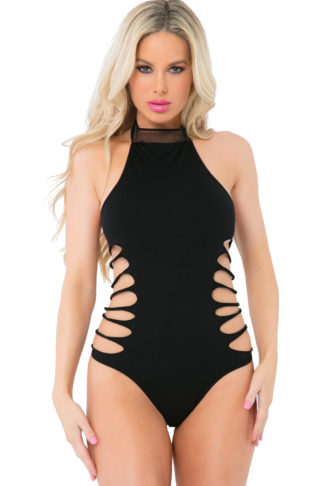 Pink Lipstick Slit N Spin Bodysuit (Black - One Size)