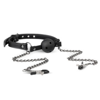 Fetish Collection Open Ball Gag With Nipple Clamps (Black)