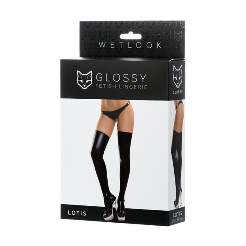Glossy Wetlook Stockings Lotis (Black - Large)