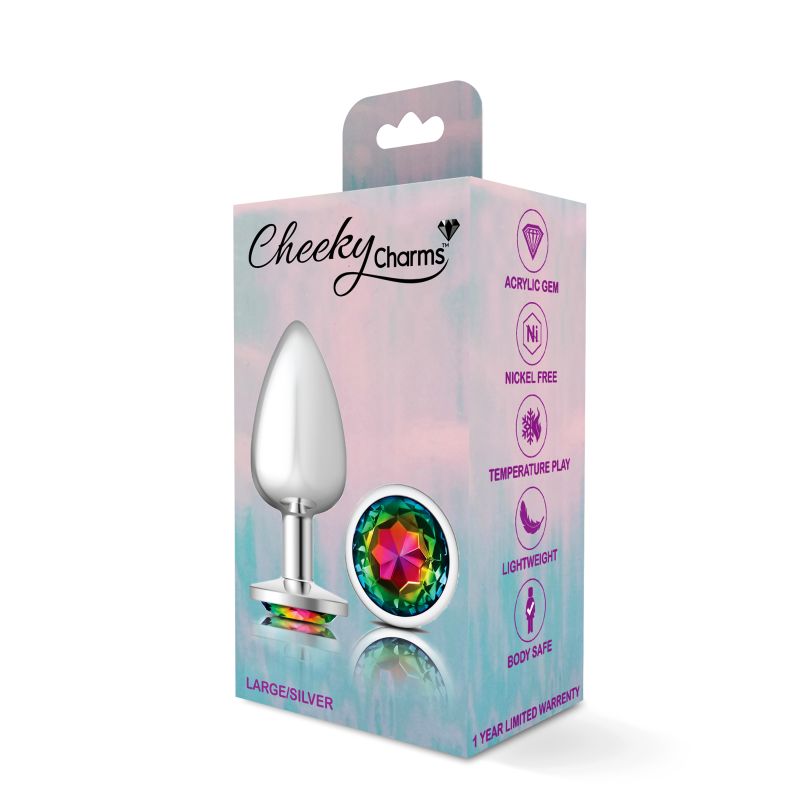 Cheeky Charms Silver Round Butt Plug w Rainbow Jewel Large Cheeky Charms Silver Round Butt Plug w Rainbow Jewel Large