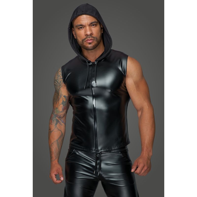 Powerwetlook Sleeveless Hooded Shirt w 2 Way Zipper (Black - Small)