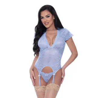 Exposed Lingerie Cap Sleeve Basque and Thong Set  (Blue - Large/Extra Large)