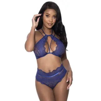 Exposed Lingerie Halter and Lace Up Panty Set (Blue - Small/Medium)