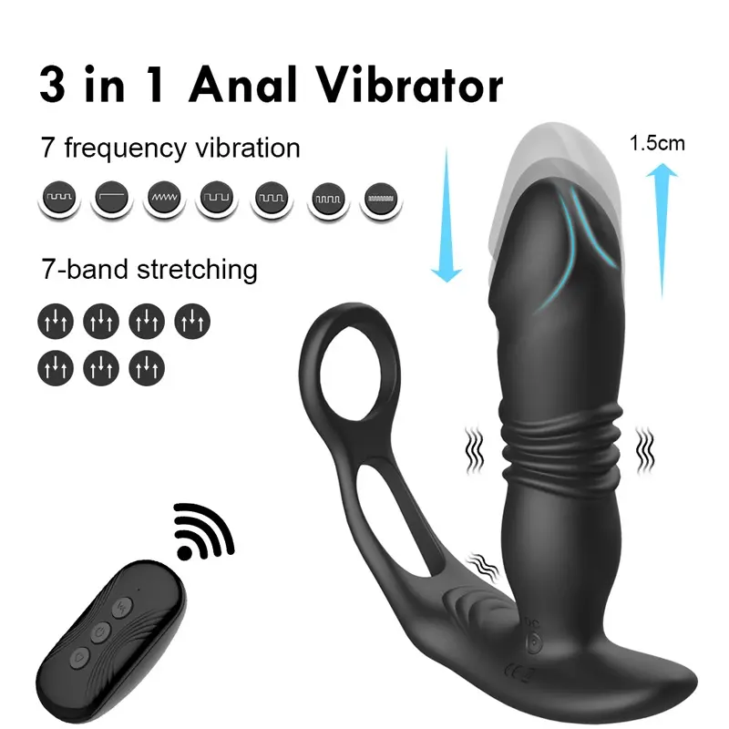 Thrusting Silicone Butt Plug with Cockring and Remote (Black)
