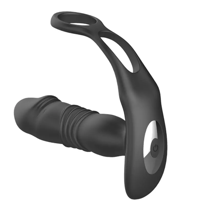Thrusting Silicone Butt Plug with Cockring and Remote (Black)