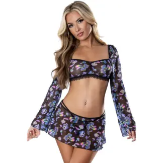 Exposed Lingerie Mushroom Crop Top Skirt and G-String Set (Large/Extra Large)