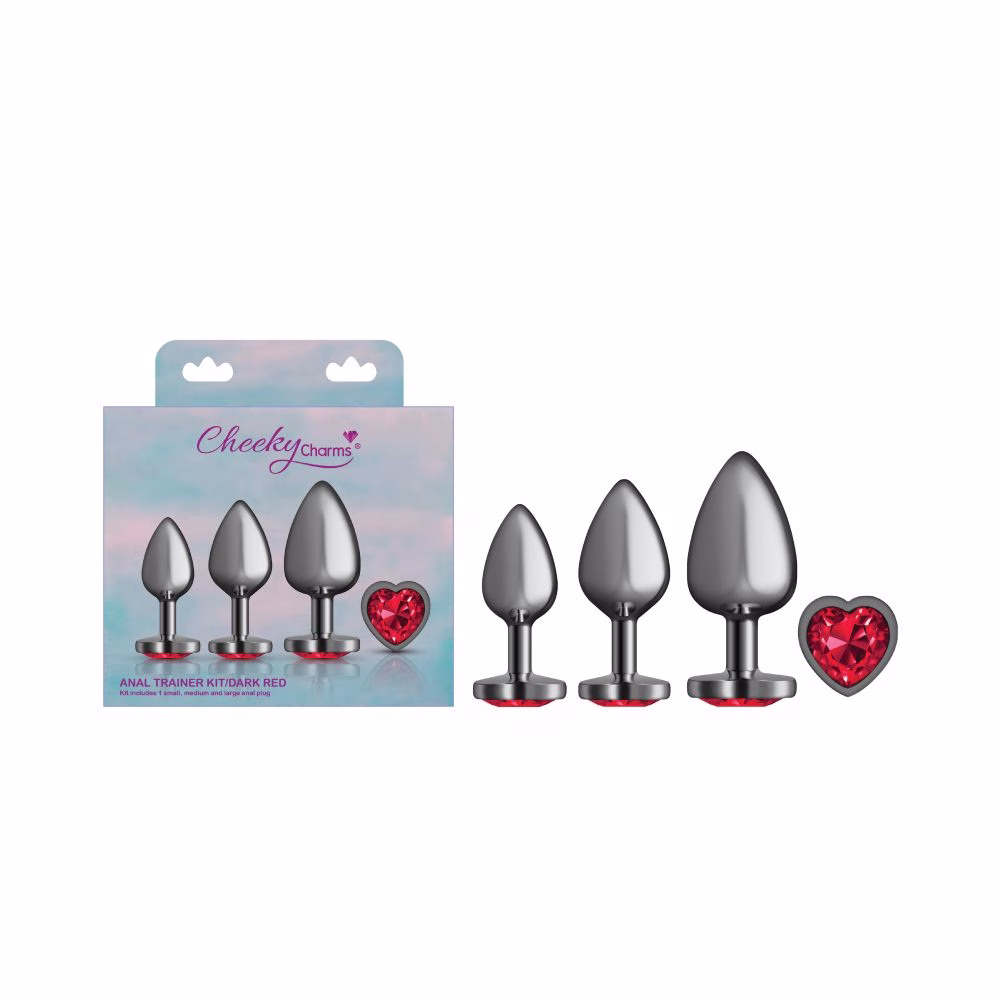 Cheeky Charms Round Metal Butt Plug Gunmetal 3 Pc Kit w Dark Red Heart Jewel (Gun Metal)