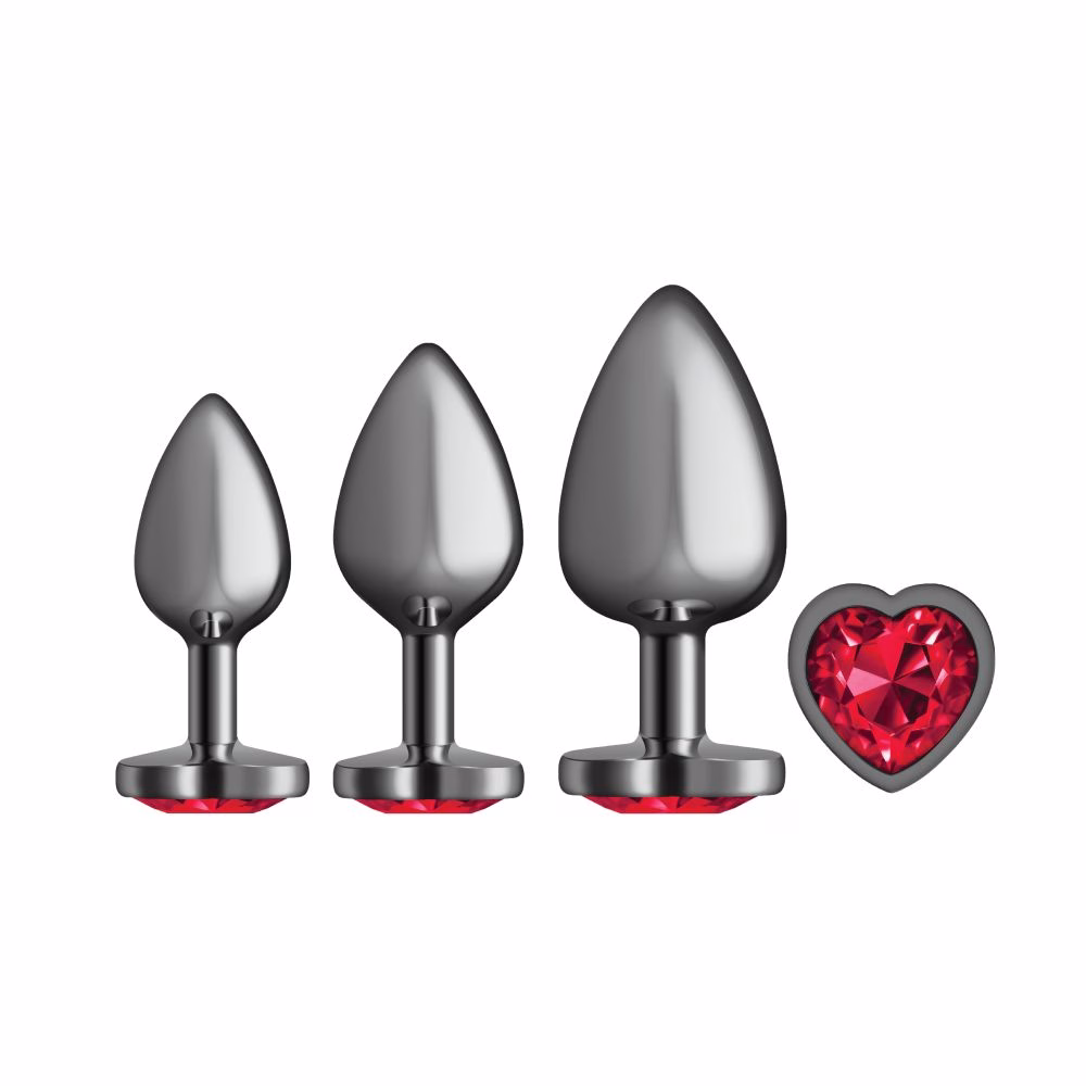 Cheeky Charms Round Metal Butt Plug Gunmetal 3 Pc Kit w Dark Red Heart Jewel (Gun Metal)
