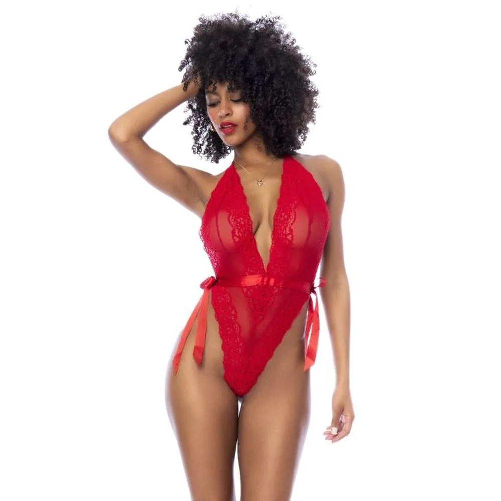 Red Lace Bodysuit with Side Ties (Small/Medium)
