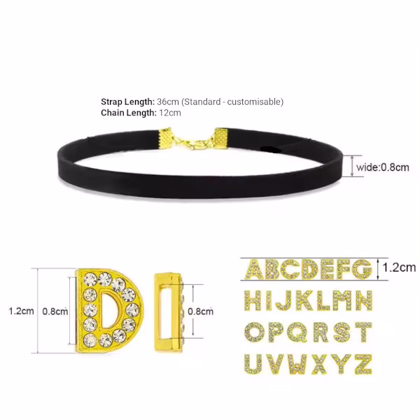 Primal Desires Custom Letter Suede Collar - Choker & Letter Dimensions