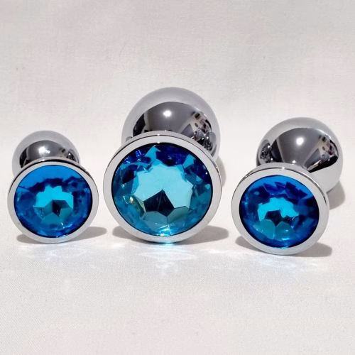 Primal Desires Metal Butt Plug with Jewel - Light Blue Aqua Set