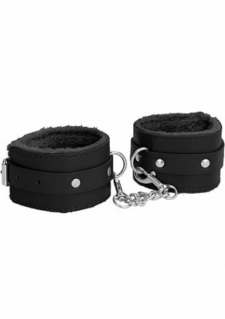 Ouch! Plush Leather Hand Cuffs - Black